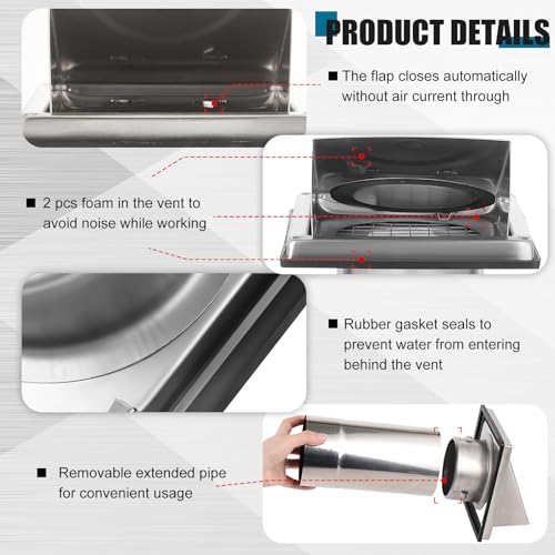 Image of Gisafai 4 inch Dryer Vent Cover Outside with Stainless Steel Guard Outdoor Wall Dryer Exhaust Vent Cap with Removable Extension Pipe, Non-return Flap and Sealing Gasket Grille Screen