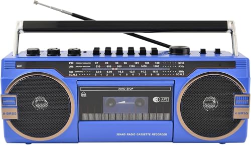 Boombox Bluetooth portátil retro, altavoz estéreo con reproductor de cassette, reproductor de música y grabadora USB y tarjeta TF, estilo clásico de los años 80