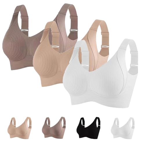 Women's Ribbed Push up Adjustable Wireless Bra, Full Coverage Invisible Lift Anti-Sagging Bras (3pcs-a,Medium)