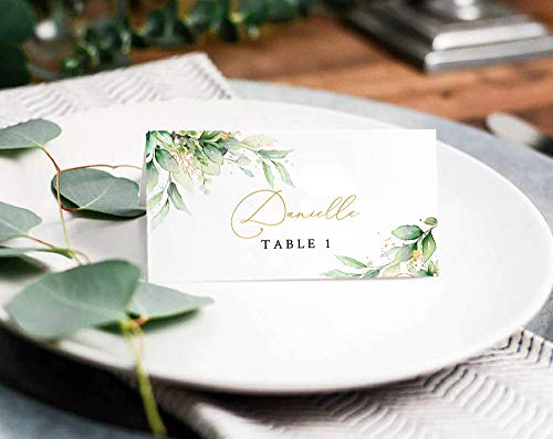 Wedding Place Cards Table, 50 Pack, 2 X 3.5 Inch, Gold & Greenery Place Cards For Weddings, Premium Eucalyptus Wedding Name Place Cards For Table Setting, Easy Folding Matte Finish Placecards #TOP4