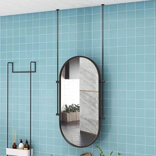 MESOVFCA Espejo Ovalado con Brazo montado en el Techo, Espejo de baño Flotante, Espejo de Maquillaje, Espejo Decorativo con Barra Colgante, Espejo con Marco de Metal Negro (50 cm x 60 cm)