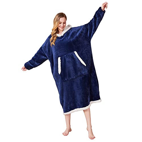 DmgicPro Wearable Blanket Hoodie Damen und Herren, übergroßes Sherpa-Sweatshirt mit Kapuzentasche und Ärmeln, super weich, warm, bequem, Einheitsgröße (Marineblau, lang, Übergröße) Cover