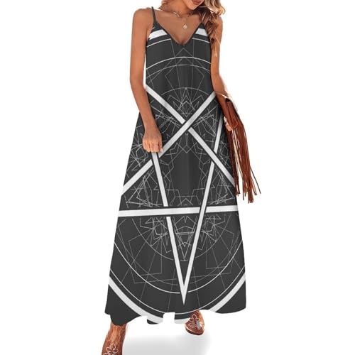 Robe maxi pour voyages et plage motif pentagramme noir et blanc tenue été fluide