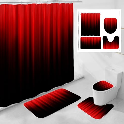 Litabel 4 Pcs Red and Black Gradient Shower Curtain Set with Rugs and Toilet Lid Cover Modern Simple Waterproof Fabric Bathroom Set Ombre Stripe Gothic Abstract Bathroom Decor Set Accessories