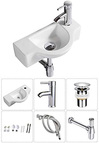 Bathroom Ceramic Washbasin and Faucet Combo White Small Sink Wall Mount Sink Corner Sink Set Chrome Pop-up Drain Included (Sink with Faucet & Drain)