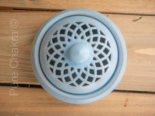 4.5" Wide Round Ceramic Incense Burner Bowl | Stick Rope Dhoop Cone Ash Catcher | Traditional Chinese Design Meditation (Blue) #TOP4