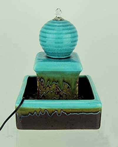Teal Blue 3-Tier Orb-Top Square Ceramic Water Fountain 11.5 Inches High #TOP1