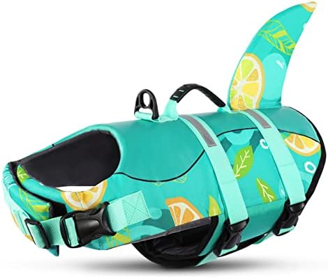 Queenmore Dog Life Jacket,Dog Life Vest for Swimming,Dog Shark Life Jacket with Rescue Handle,Adjustable Reflective Dog Life Preserver for Large Dog,Green Print L