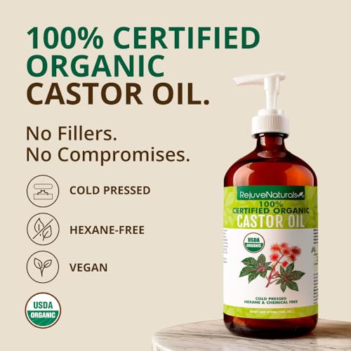 RejuveNaturals Castor Oil (16oz Glass Bottle) USDA Certified Organic, 100% Pure, Cold Pressed, Hexane Free. Boost Hair Growth for Thicker, Fuller Hair, Lashes & Eyebrows