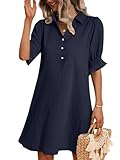 Zeagoo Summer Dresses for Women UK Casual Loose Button Down Shirt Dresses Solid Color Tunic Dress Navy Blue