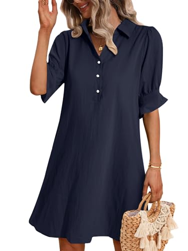 Zeagoo Summer Dresses for Women UK Casual Loose Button Down Shirt Dresses Solid Color Tunic Dress Navy Blue