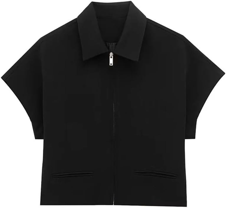 Women's Lapel Cropped Solid Zipper Shirt