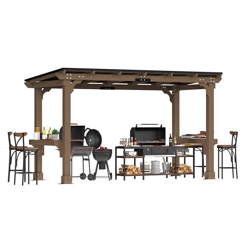 Image of BlueWish 6' x13' Outdoor Grill Gazebo, Wood Grill Gazebo with Metal Sloping Roof, Heavy Duty Cedar Wood Frame, Wind-Resistant Patio Gazebo with Shelves for Barbecue, Backyard, Light Mocha Brown