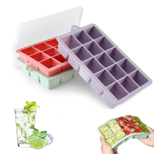 Cubitera de silicona Pavlleen, 3 unidades, 45 compartimentos, cubitos grandes 3 cm, apilables, con tapa, sin BPA, para cócteles, whisky, helado, café