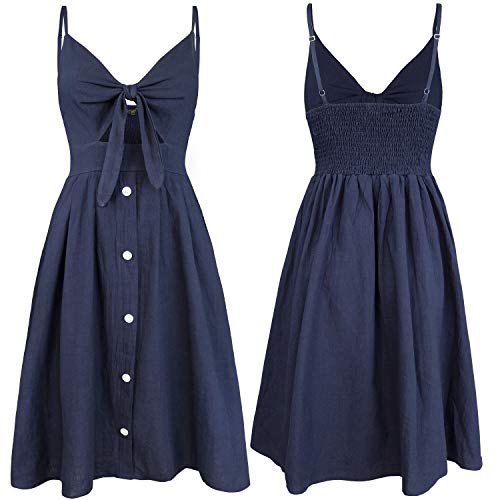 Image of FANCYINN Womens Tie Front Button Down A-Line Dresses Summer Spaghetti Strap Midi Dress Floral Prints