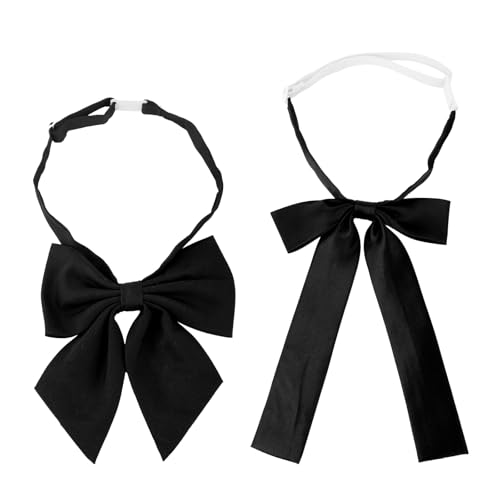 2 Pcs Women's Bow Ties, Black Polyester Short Thick & Long Thin Bow Pre-Tied Adjustable Bowties Ribbon Choker Accessories for Shirt Blouse Dress School Uniform Party Cosplay