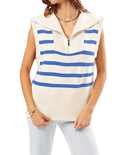 Womens Striped Zipper Sweater Vest Tank Tops Lapel Summer Sleeveless Pullover Casual Lightweight Knit Top Blue #TOP26