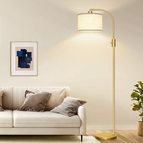 Nintiue Upgraded Modern Arc Dimmable Tall Standing Floor Lamp with Linen Shade, 1200 Lumens LED Bulb Included, for Living & Reading Room, Bedroom, Office & Nursery, Gold - Thumbnail 7