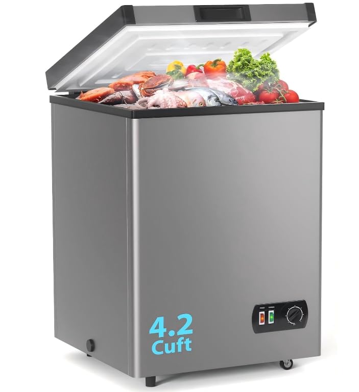 Chest Freezer, 4.2 Cu Ft, Gray, Top Open Lid with Interior Light, Temperature Control, on Wheels