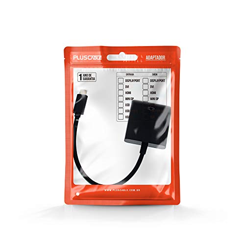 Cabo Adaptador VGA Fêmea para Mini USB-C Macho PlusCable Preto ADP-302BK - Contém USB 3.1 Suporta Re