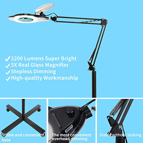 Kirkas 5X Magniyfing Floor Lamp With 4 Wheel Rolling Base 2,200 Lumens Super Bright Glass Lens Led Magnifier, Adjustable Stand & Swivel Arm Floor Lamp For Estheticians, Reading, Crafts, Tasks- Black #TOP2
