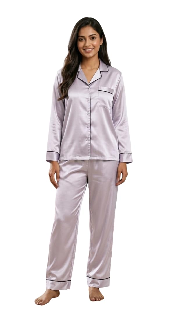 Women Satin Pajama Set | Soft Silk Feel Night Suit for Women | Full Sleeve Button-Down Sleepwear Lounge Set with Pyjama Pants-image-7