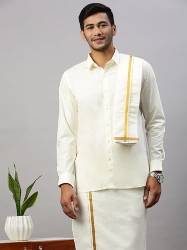 Image of RAMRAJ COTTON Pure Cotton Full Sleeve Shirt with Gold 1 /2 Inch Jari Border Dhoti Set with Towel