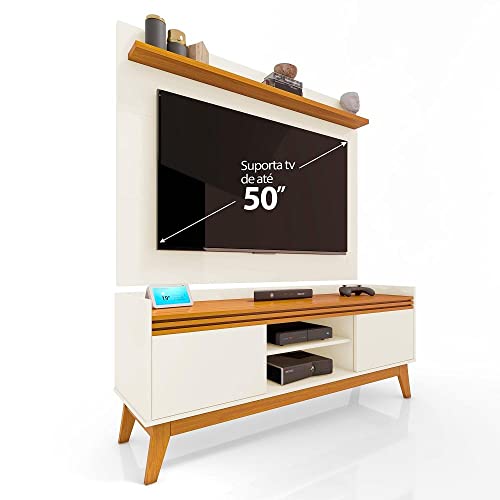 Rack ripado 2 Portas com Painel para Tv 50 Polegadas Astúrias 136cm Cor:off White/cedro