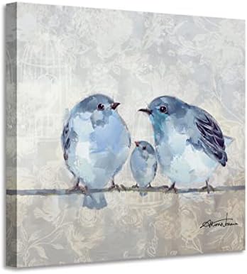 Bathroom Decor Bird Wall Art - Love Birds Pictures Print on Canvas - Blue Gray Walls Decorations 13.5"x13.5"