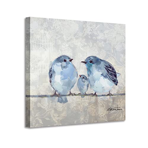 Bathroom Decor Bird Wall Art - Love Birds Pictures Print On Canvas - Blue Gray Walls Decorations 13.5"X13.5" #TOP9