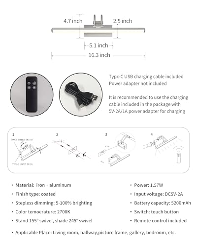 Image of KDG LED Cordless Wall Picture Light with Remote, 5200mAh Rechargeable Dimmable Art Lighting, Adjustable Swing Arm, Picture Frame Light for Gallery, Living Room, Hallway, 16.3 inch, Silver