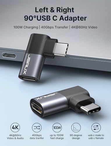 Image of JSAUX 90 Degree USB-C Male to USB-C Female Adapter 2-Pack, 40Gbps Data Transfer PD 100W USB Type-C 3.1 Extender for MacBook, ROG Ally, Switch, Steam Deck, VR, iPhone 15 and More Laptop, Tablet, Phone | Left and right angle adapter helps reduce cable strain while supporting 100W charging, 40Gbps transfer, and 4K /60Hz video