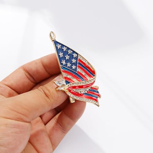 Image of Patriotic USA Flag Brooch Pin for Women Fashion Crystal Blue Red Independence Memorial Day Lapel Pin 4th of July Dress Accessories