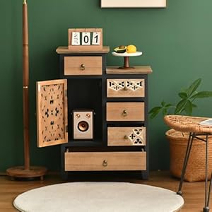 Farmhouse accent chest with carved door and 5 drawers vintage storage cabinet modern dresser for living room entryway hallway multi drawer organizer natural and deep blue  urban country home decor