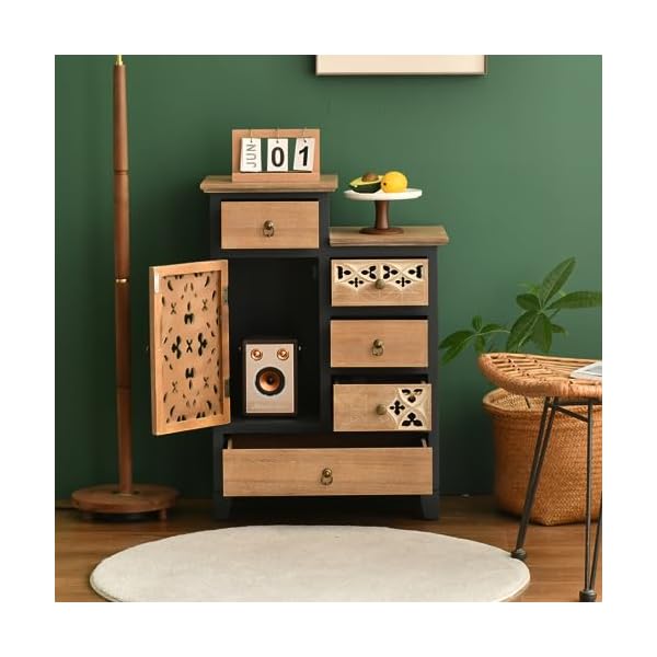 Farmhouse accent chest with carved door and 5 drawers vintage storage cabinet modern dresser for living room entryway hallway multi drawer organizer natural and deep blue  urban country home decor