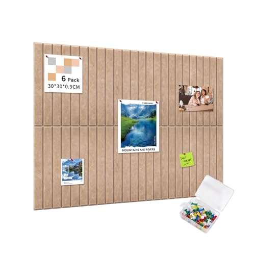 AsmeSonic Tablón Anuncios Fieltro Autoadhesivo 90x60cm, 6 Paneles Decorativos 30x30cm, Panel Plegable para Fotos con 35 Alfileres, para Oficina Cocina, Decoración Pared Recordatorios, Beige Oscuro
