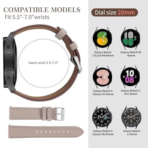 Italy Genuine Leather Watch Bands Compatible with Samsung Galaxy Watch 7 6 5 4 40/44mm, 5 Pro 45mm, 6 4 Classic Active 2, 20mmQuick Release Leather Watch Straps Replacement Band for Women Men Packof 2