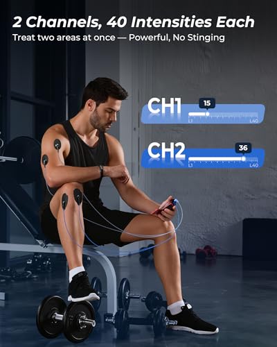 KingPavonini 4-IN-1 TENS Unit Muscle Stimulator, DIY & TENS & EMS & MASS, Dual-Channel 40 Intensities TENS Machine, Muscle Stimulator for Pain Relief Therapy Sciatica Back Pain, 12 Pads (Model: B2501) - Thumbnail 4