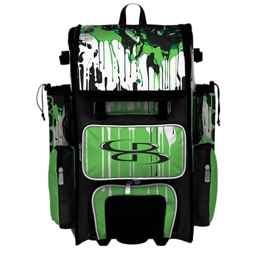 Boombah Superpack Hybrid Rolling Bat Bag - Wheeled & Backpack Version - Graffiti Drip Black/Lime Green/White