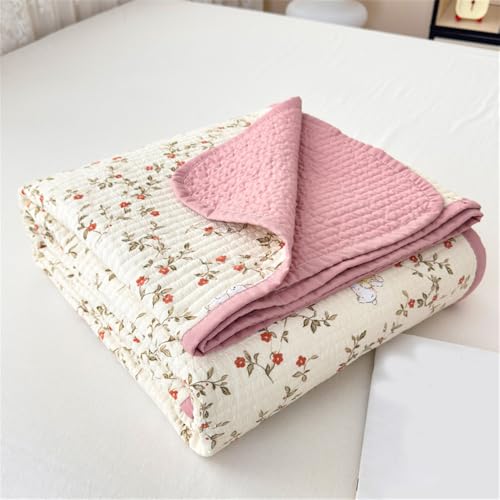 Chickwin Tagesdecke Baumwolle Bettüberwurf Gesteppt für Einzelbett Doppelbett, Blumen Drucken Reversible Gemütlich Tagesdecke Schlafzimmer Steppdecke Überwurf Sofaüberwurf (Rosa,150x200cm)