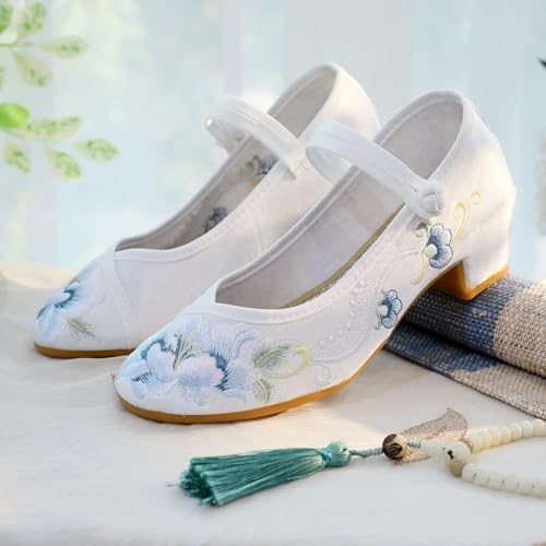 Damskie Buty Z Haftem Kwiatowym W Stylu Etnicznym Swobodne Buty Z Paskiem Na Kostce Chiński Tradycyjny Styl Starożytny Buty Cheongsam Hanfu Buty Do Chodzenia Po Pokazach Tańca Buty Do Jogi(White,34 EU