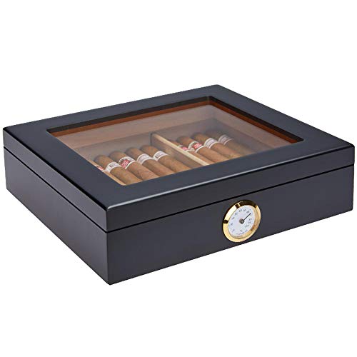 yuanbogg Humidor De Puros, Madera De Cedro, Cubierta Transparente, Proceso De Pintura De Piano, Puede Acomodar 25 Cigarros, Regalos para Hombres@Negro
