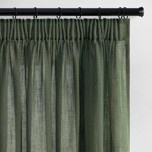 Topfinel Vorhänge Olivgrün Kurz Leinen 160x140cm Gardinen Küche Kinderzimmer Schlafzimmer Deko Vintage Vorhang mit Kräuselband Halbtransparent Voile Gardine für Schienensystem 2er