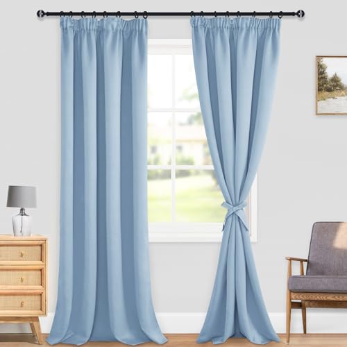 DWCN Light Blue Blackout Curtains for Bedroom Thermal Insulated Room Darkening Pencil Pleat Window Curtains for Living Room 66 x 90 Inch Length, 2 Panels