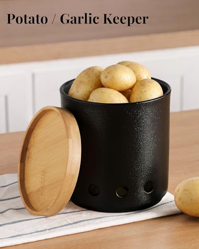 Image of LoeJan 360 Rotating Ceramic Utensil Holder for Kitchen Countertop - Cooking Utensil Crock Organizer with Non-Slip Cork Base for Farmhouse Kitchen Decor, Textured Black