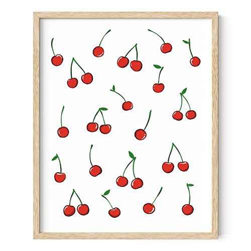HAUS AND HUES Cherry Poster - Modern Aesthetic Wall Art, Red Cherry Design for Bedroom or Living Room, Vintage-Inspired Trendy Decor (Framed Beige, 16x20)