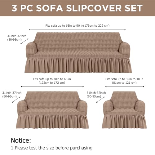 Fanfanwin 3 Pcs Sofa Slipcover Set for Couch Cushion Durable Washable High Elastic Stretchable Furniture Couch Covers with Skirt for Sofa Loveseat Arm Chair(Khaki,Seersucker)