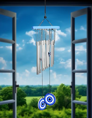 Image of ZAICUS Metal Evil Eye Wind Chimes - Wind Chime for Home and Balcony - Feng Shui Hanging Decor for Positive Energy, Protection & Outdoor Decoration (8 Pipes)