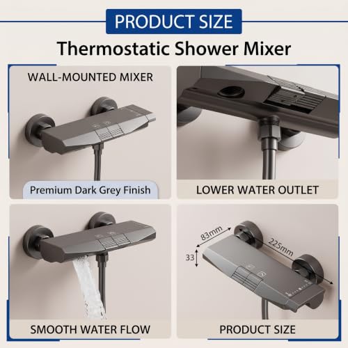 Image of InArt Thermostatic Shower Set for Bathroom, Wall Mounted Shower Mixer with 3-Flow Hand Shower, Adjustable Slide Rail, 1.5 m Hose, Push Button Control, Premium Gun Grey Finish
