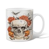 Totenkopf-Kaffeetasse aus Keramik, Halloween, Gothic, Rosen, Kürbisse, Halloween, Orange, Neuheit, Büro, Trinkbecher mit Griff, Geschenk für Freundschaft, Familie, Kollegen, Lehrer, Schatz